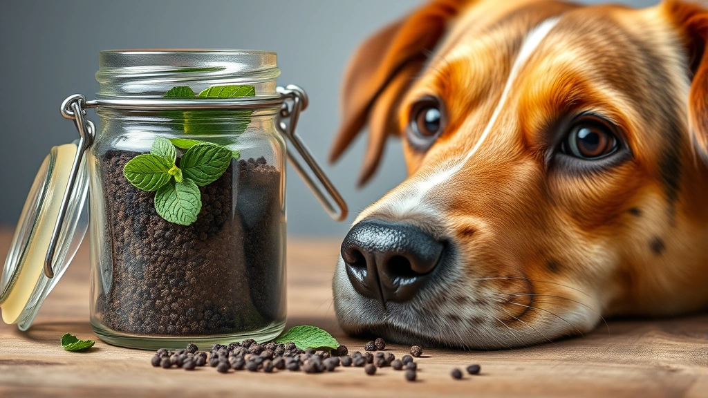 Close-up of a dog's face showing skeptical expression near a jar of ground black pepper and dried peppermint leaves on a wooden surface