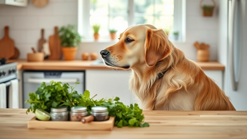 Golden retriever sitting attentively in a bright kitchen, looking at fresh herbs and spices on a wooden counter, warm natural lighting