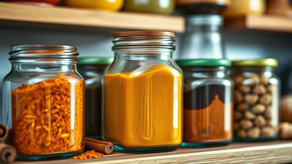 Close-up of colorful spices in glass jars—turmeric, cinnamon, ginger—arranged on a kitchen shelf with soft focus background