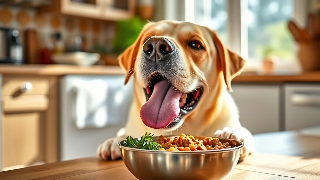 Happy Labrador with tongue out enjoying a bowl of homemade dog food with fresh herbs, bright daylight from kitchen window