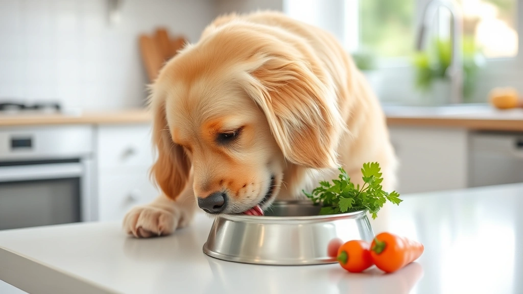 Golden retriever happily eating from a stainless steel bowl with fresh herbs and vegetables nearby on a bright kitchen counter