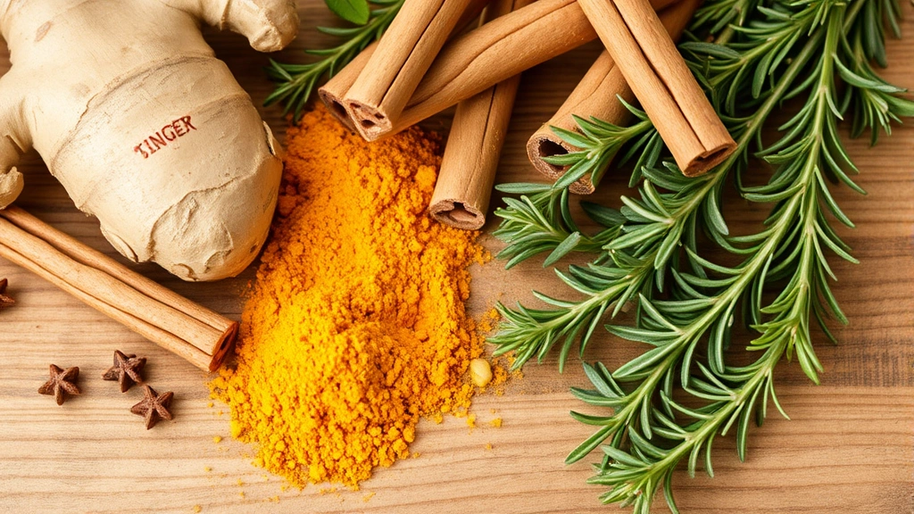 Close-up flat lay of fresh herbs including ginger root, cinnamon sticks, turmeric powder, and rosemary sprigs arranged artfully on a wooden surface