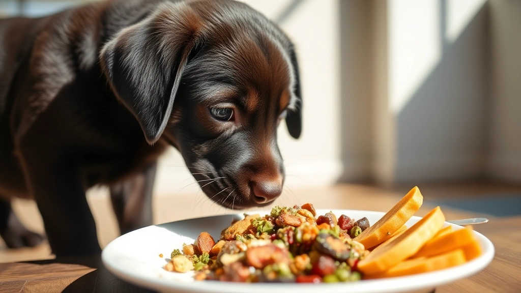 Curious Labrador puppy sniffing a plate of dog-safe food with herbs and safe seasonings, looking eager and playful in natural daylight