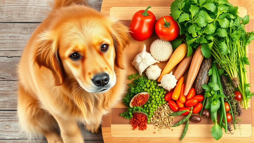 Golden retriever sitting next to colorful fresh herbs and spices arranged on wooden cutting board no text no words no letters