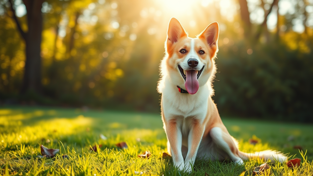 Happy healthy adult dog sitting outdoors in sunlight showing vitality and wellness, no text no words no letters