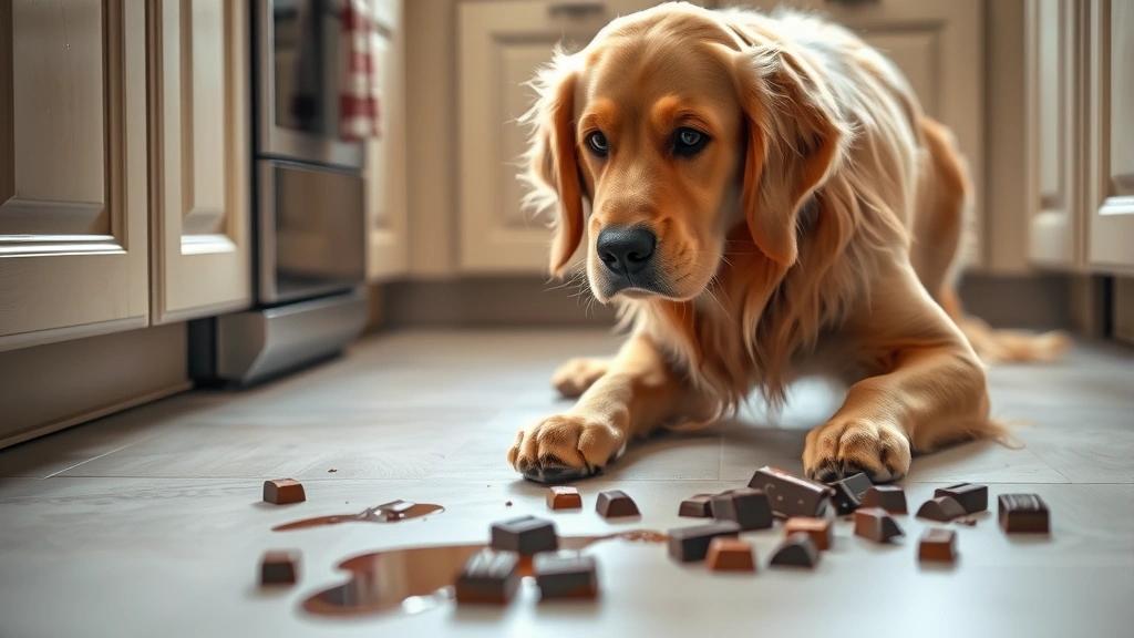 Golden retriever looking guilty next to spilled chocolate pieces on kitchen floor, soft natural lighting, photorealistic