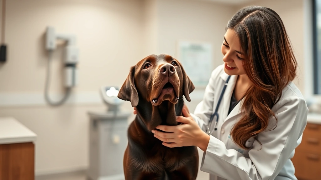 Veterinarian examining chocolate Labrador in clinic exam room, professional medical setting, warm lighting, photorealistic