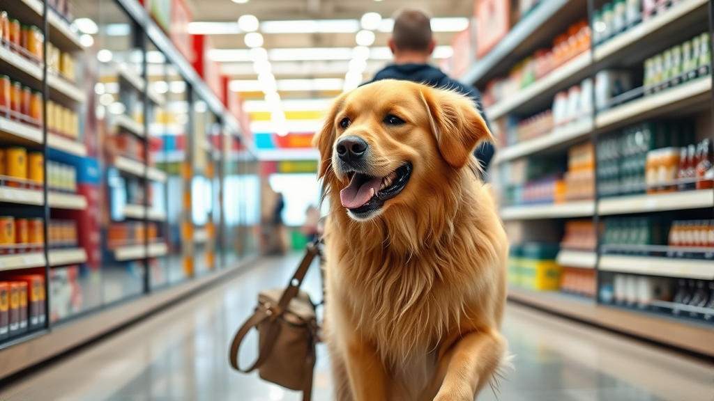 Happy golden retriever walking beside owner through bright retail store aisles no text no words no letters