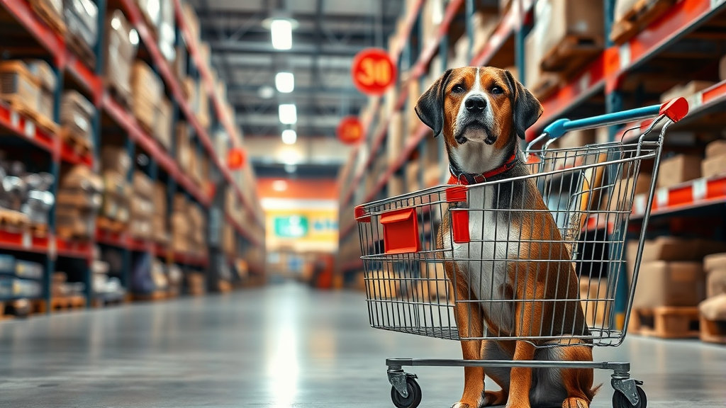 Well behaved dog sitting patiently next to shopping cart in hardware store warehouse no text no words no letters