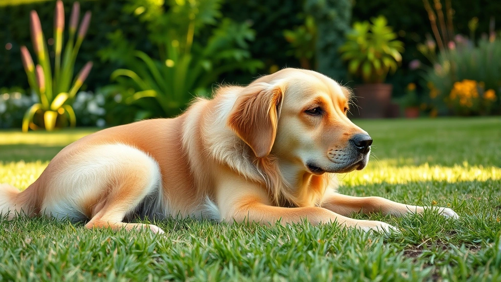 Golden retriever lying on grass looking uncomfortable, side view, natural outdoor lighting, peaceful garden setting