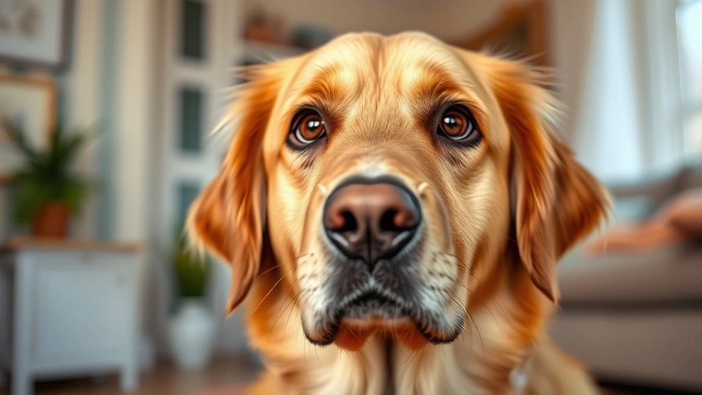Close-up of a concerned golden retriever's face looking at camera with soft, warm lighting against a blurred home background, photorealistic style.