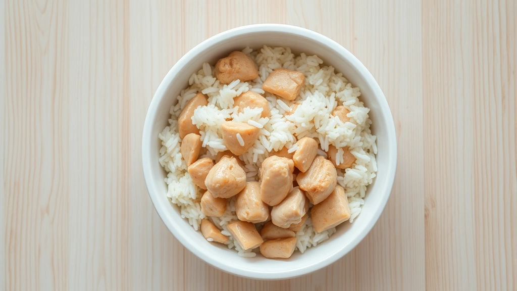 Overhead view of a clean white dog bowl filled with plain white rice and boiled chicken pieces on a light wooden table, photorealistic food photography.