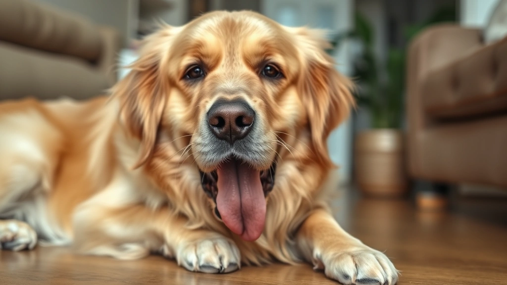 Golden retriever experiencing digestive distress, looking uncomfortable in home setting