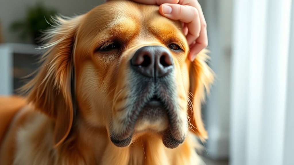 Close-up of sad golden retriever with hand on head, indoor soft lighting, expressing discomfort
