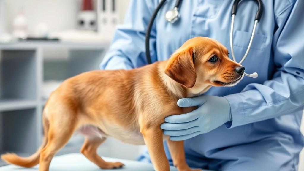 Veterinarian examining small brown dog's abdomen with stethoscope in clinical setting