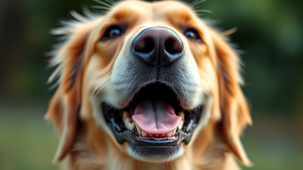 Close-up of a golden retriever's open mouth with a soft focus background, showing alert expression, photorealistic style