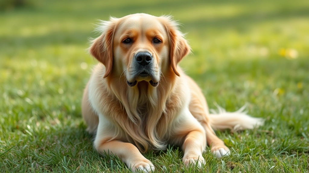Golden Retriever sitting on grass looking uncomfortable and distressed, outdoor natural lighting, daytime setting