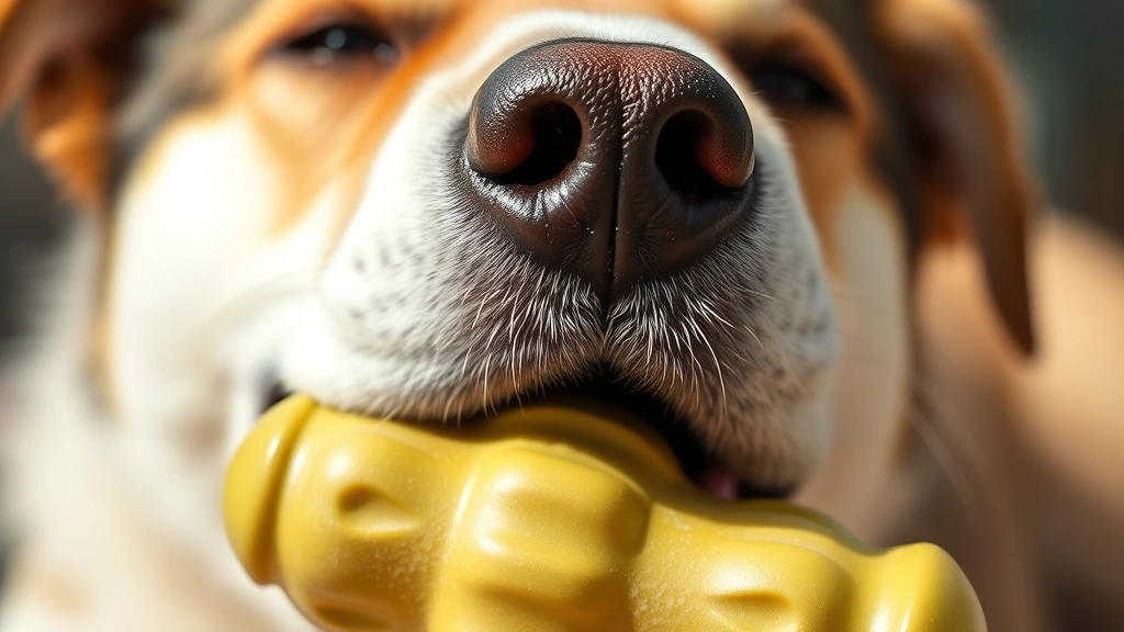Close-up of dog's face showing comfortable expression while chewing on a safe rubber toy, bright natural daylight, photorealistic style