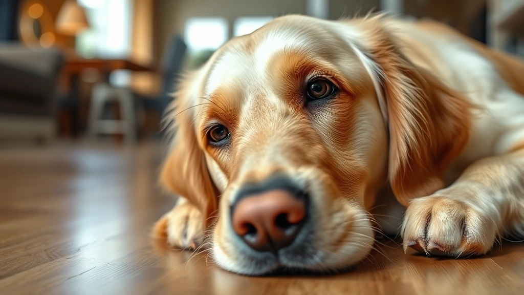 Close-up of a golden retriever's face looking uncomfortable, resting on a hardwood floor in a home setting