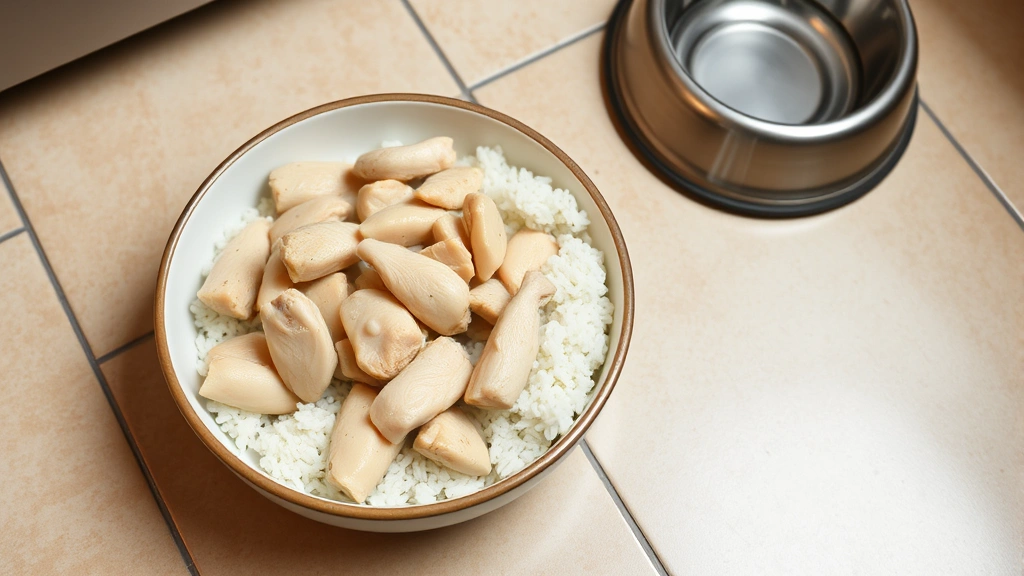 Bowl of plain boiled chicken and white rice on a kitchen tile floor next to a dog's water bowl