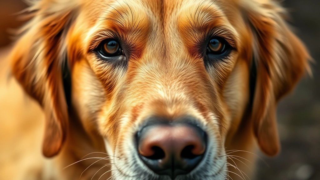 Close-up of a concerned golden retriever's face looking directly at camera with soft, worried expression in natural lighting