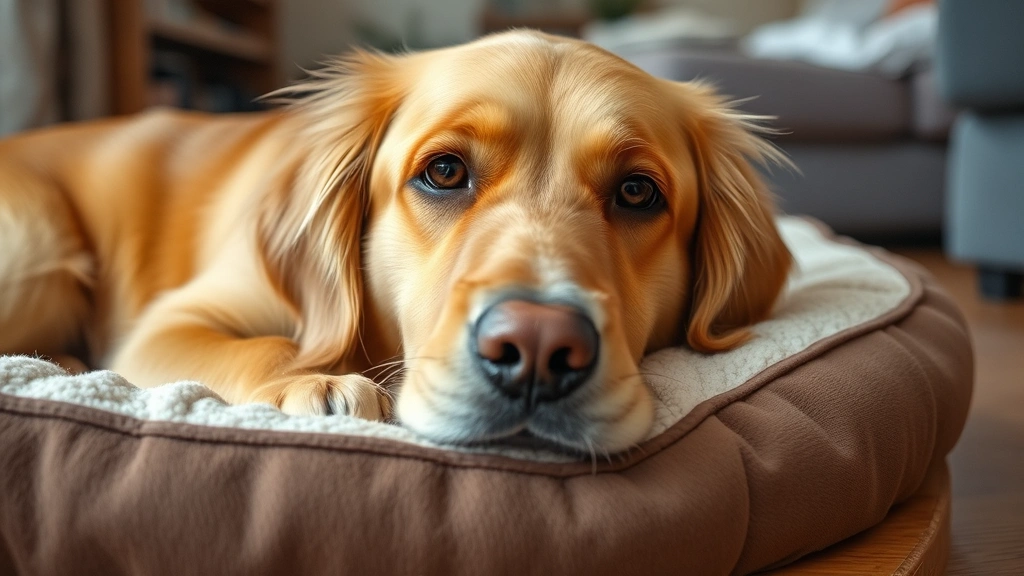A golden retriever looking uncomfortable, lying on a soft bed indoors with a worried expression on its face
