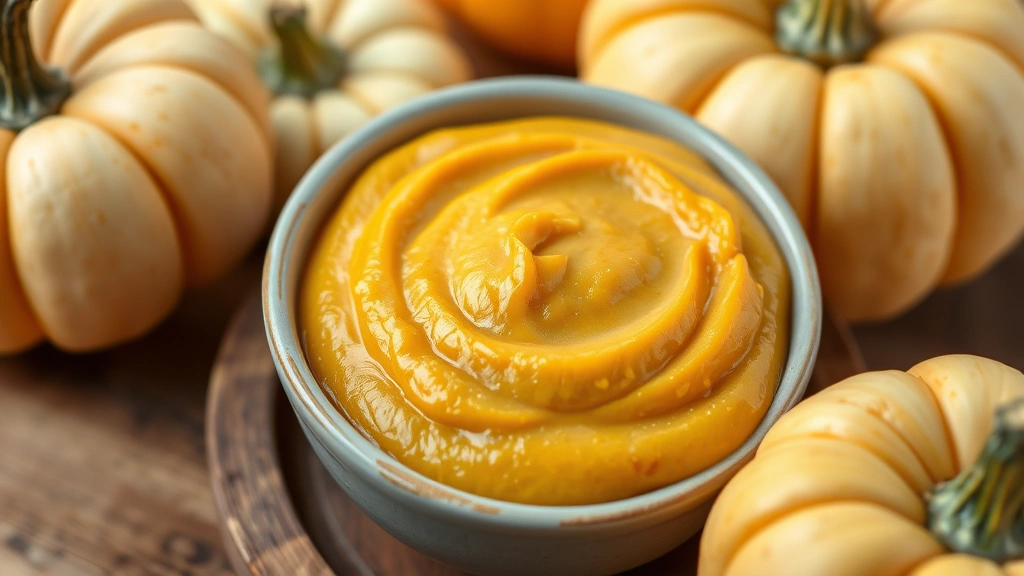 Close-up of a ceramic bowl filled with plain pumpkin puree next to fresh pumpkins on a wooden surface