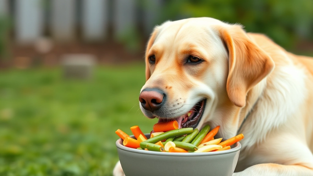 A happy yellow labrador eating from a bowl containing mixed vegetables including carrots and green beans outdoors