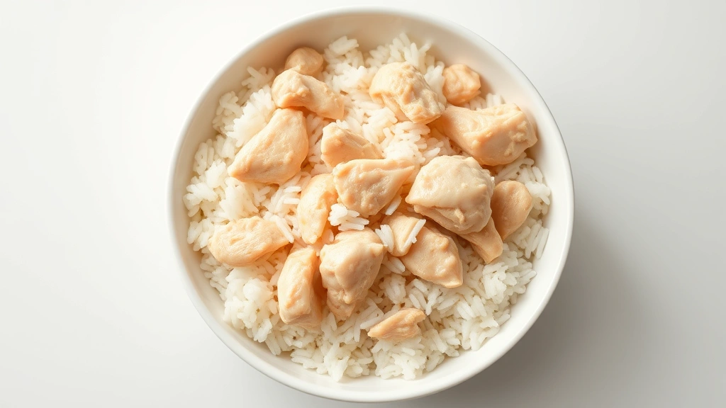 Overhead shot of a bowl containing plain boiled chicken and white rice mixture, photorealistic food photography, clean white bowl, natural daylight