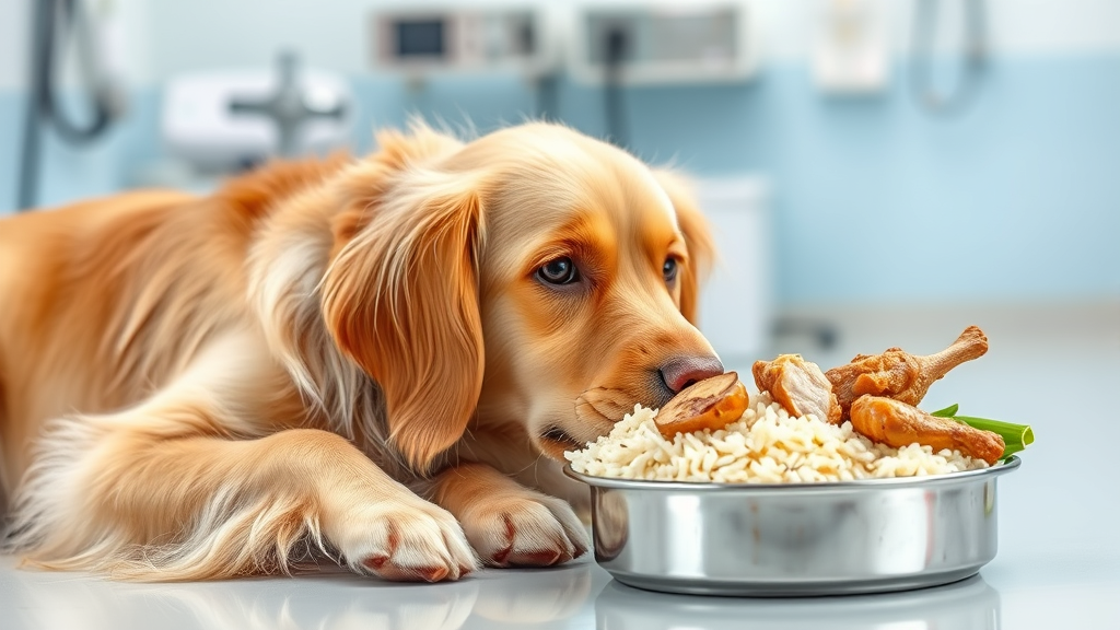 Golden retriever lying comfortably next to food bowl with rice and chicken, veterinary clinic background, no text no words no letters