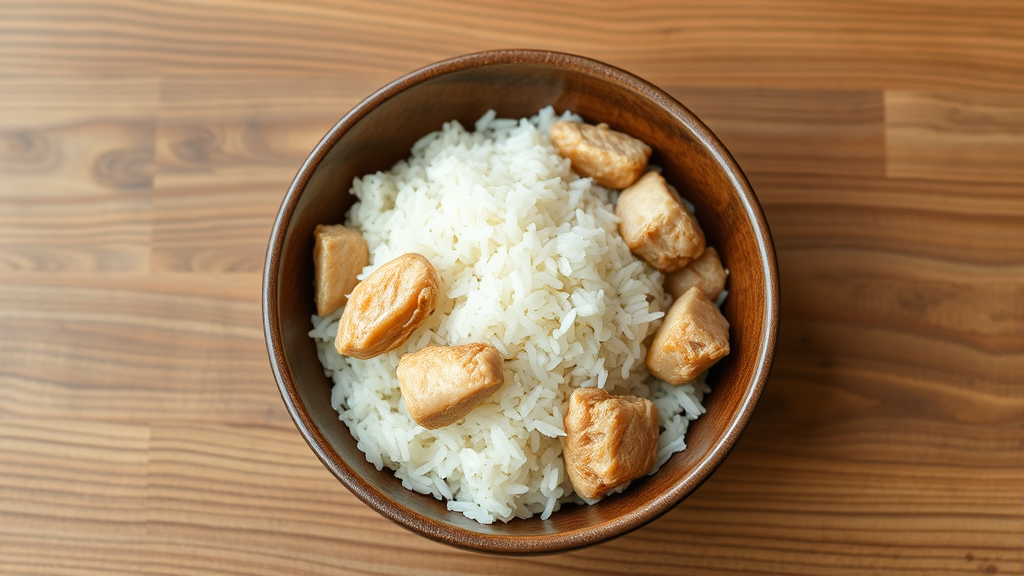 Bowl of plain white rice and boiled chicken pieces on wooden surface, natural lighting, no text no words no letters