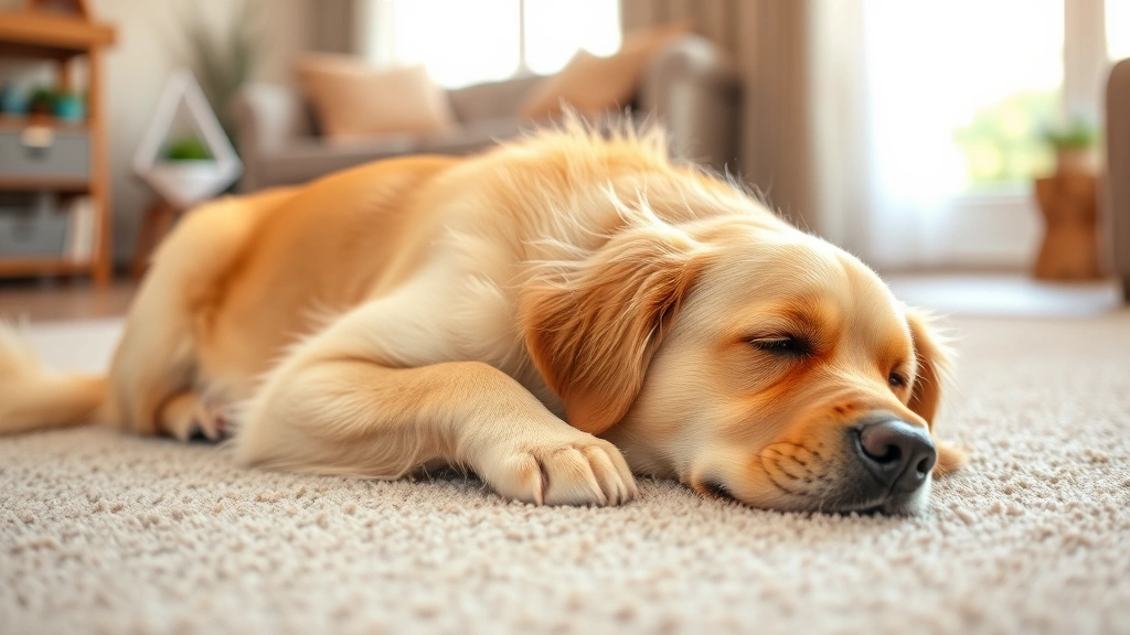 Golden retriever lying down on soft carpet looking uncomfortable with paw on stomach, warm home interior background with natural lighting