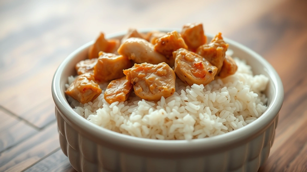 Close-up of plain white rice and boiled chicken pieces in ceramic dog bowl on wooden floor, soft focus background