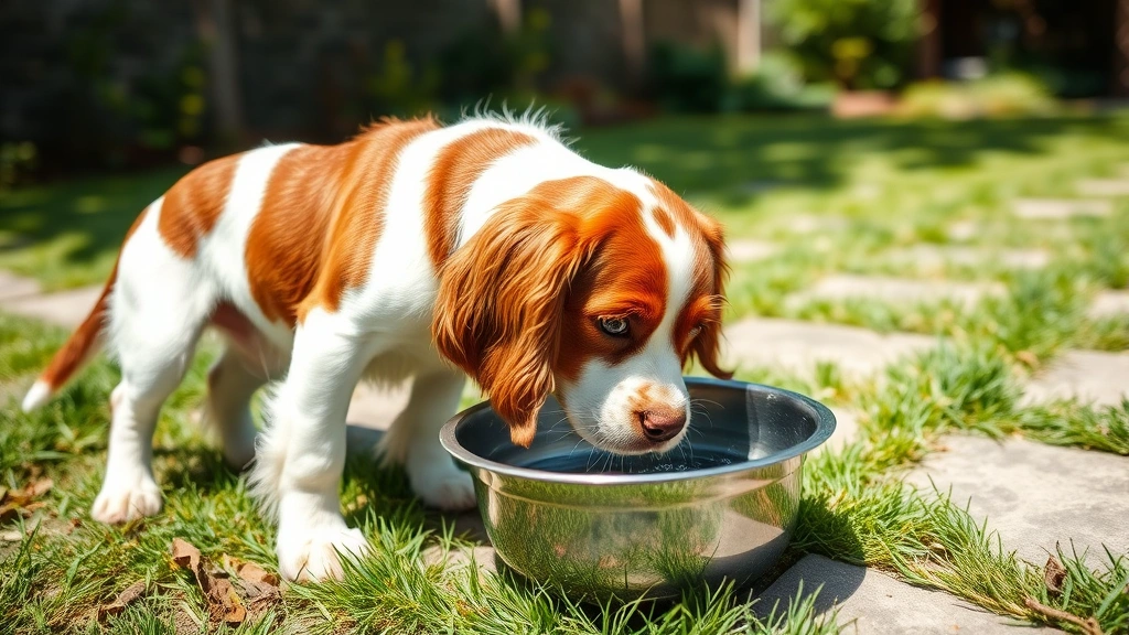 Brown and white spaniel drinking fresh water from stainless steel bowl outdoors in shaded garden area with natural daylight
