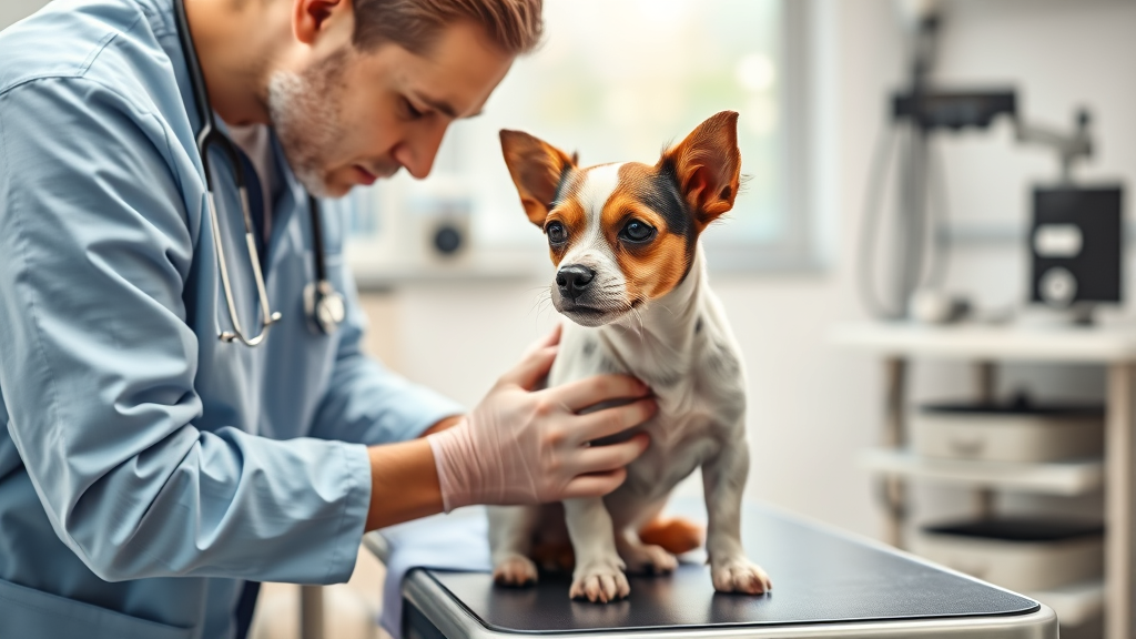 Veterinarian gently examining small dog on examination table in bright clinic room, caring interaction, no text no words no letters