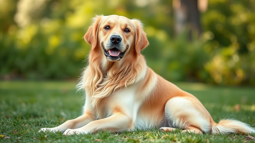Golden retriever sitting comfortably outdoors with healthy posture, no text no words no letters
