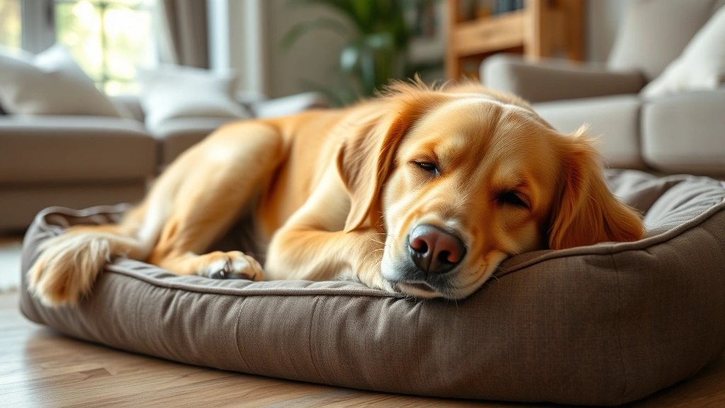 A golden retriever lying on a comfortable dog bed, looking peaceful and rested, in a cozy living room setting