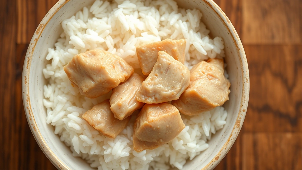 Close-up of a bowl containing plain white rice and boiled chicken pieces, photographed from above on a wooden surface