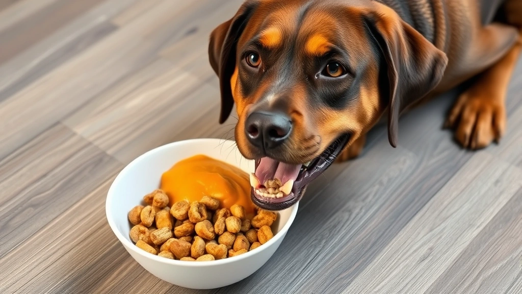 A happy Labrador eating from a bowl containing pumpkin puree mixed with food, showing an engaged and content expression