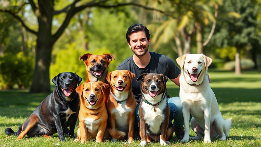 Happy person sitting with various dog breeds in a sunny park setting, no text no words no letters
