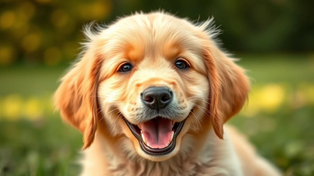 A friendly Golden Retriever puppy with soft fur, bright eyes, and open-mouth smile in natural outdoor lighting, photorealistic style