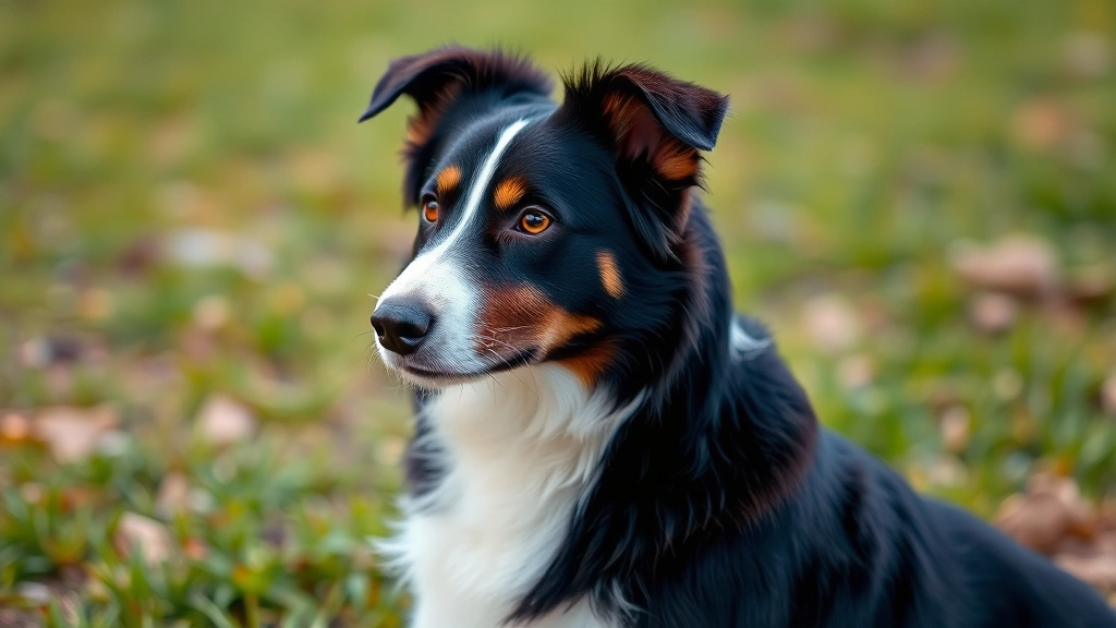 A focused Border Collie with alert expression and perked ears, sitting attentively on grass with natural background, photorealistic detail