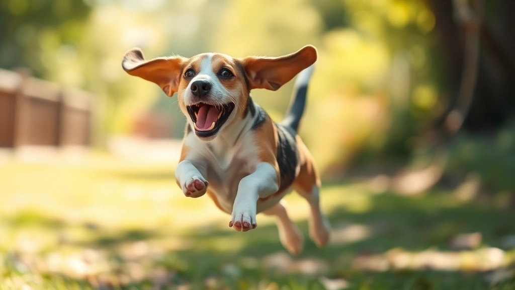 A mischievous Beagle mid-jump with joyful expression, sunlight catching its coat, playful energy radiating from its posture, photorealistic