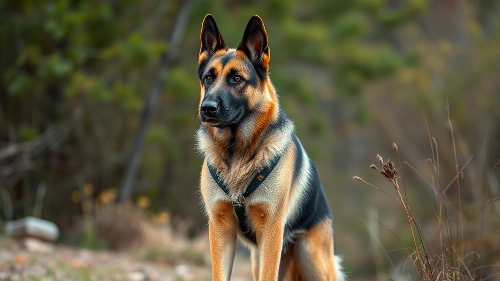 A protective German Shepherd standing alert in a natural setting, embodying loyal guardian dog traits and strength
