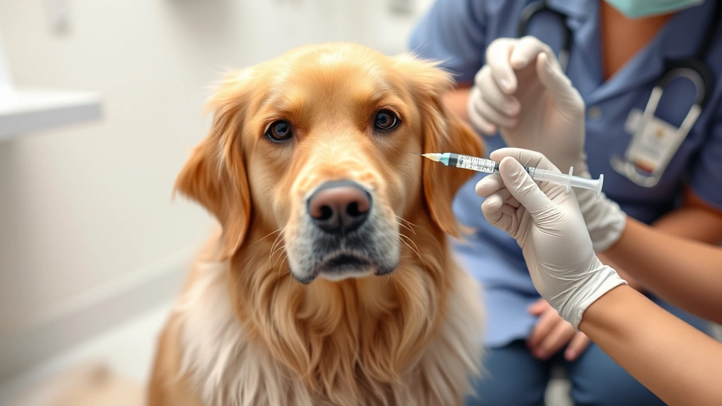Golden Retriever receiving vaccination injection from veterinarian's syringe in clinical setting, dog sitting calmly