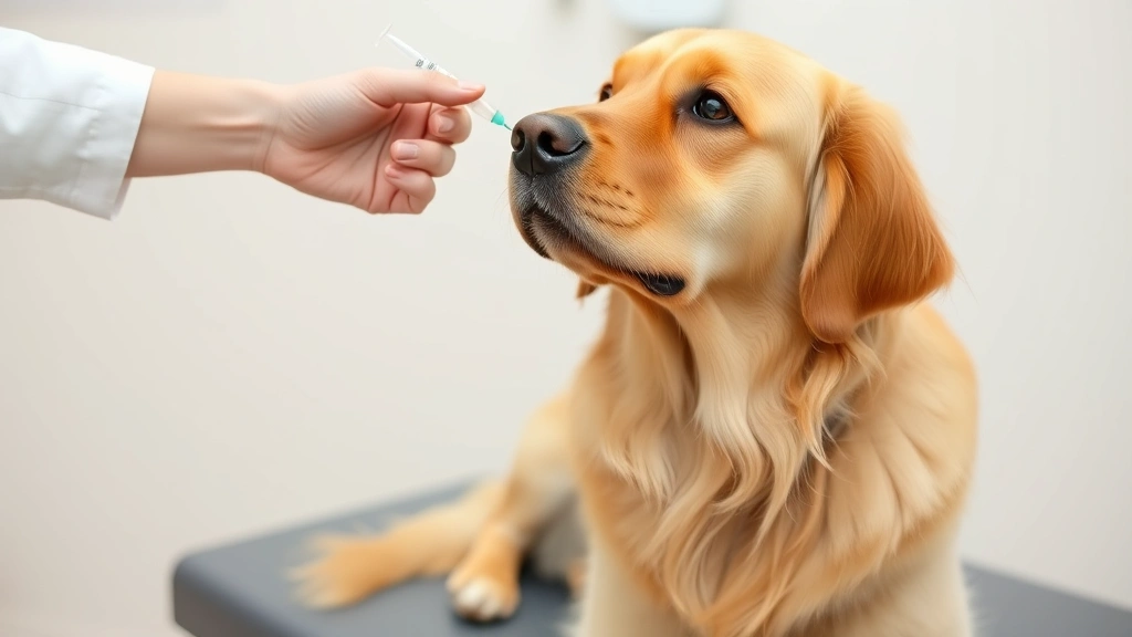 Golden retriever receiving vaccination injection from veterinarian's hand, dog sitting calmly on examination table, clinical setting