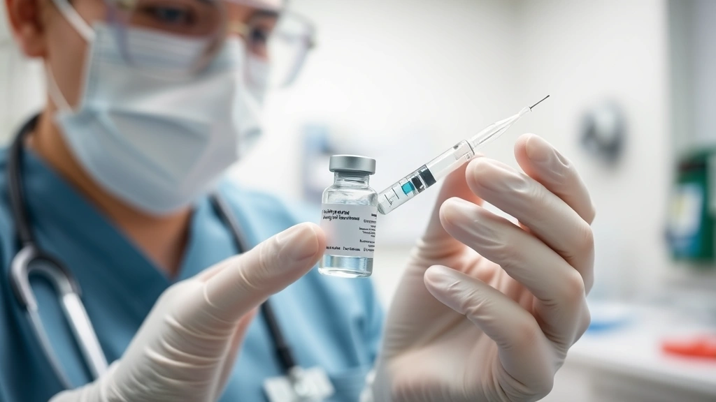 Close-up of veterinarian holding vaccine vial and syringe, preparing injection in bright veterinary clinic with medical equipment visible