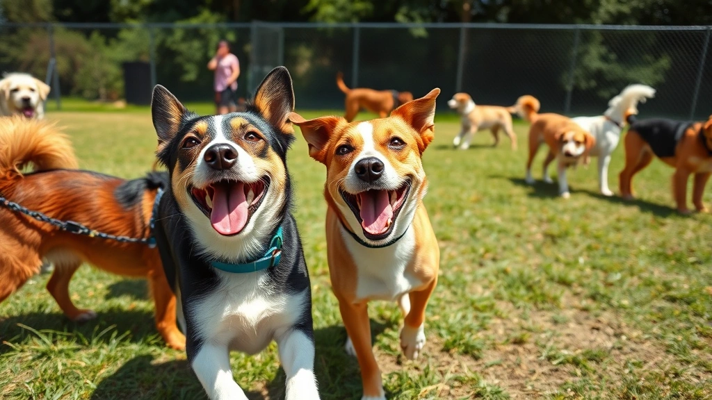 Happy healthy dog playing in outdoor dog park with other dogs, sunny day, grassy area with fence in background