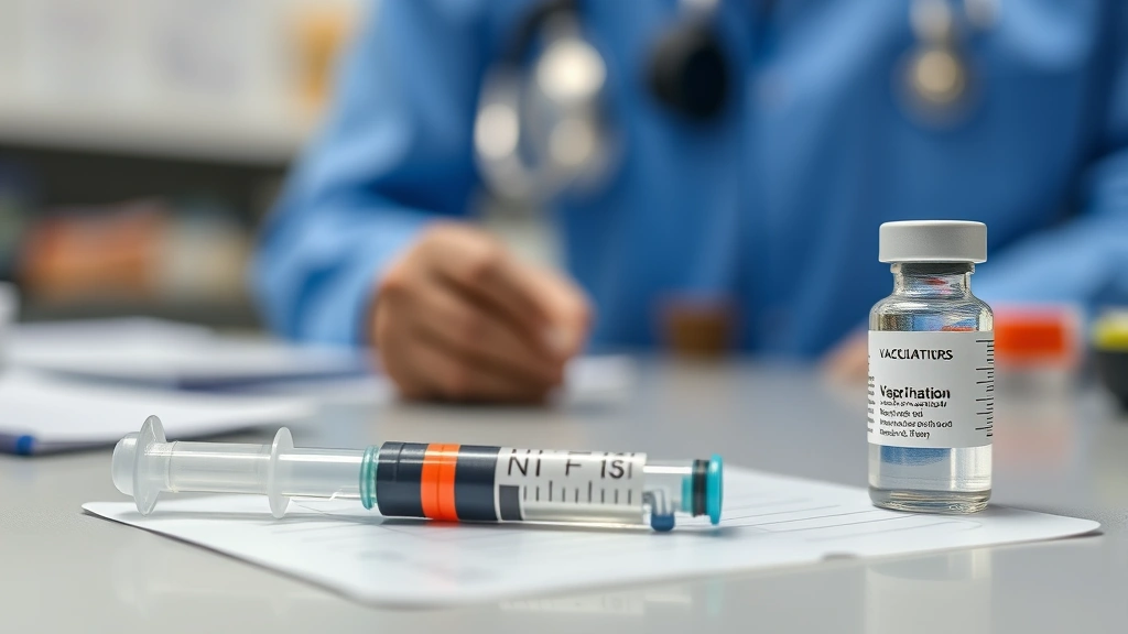 Close-up of vaccination record card and syringe with vaccine vial on veterinary desk, professional medical setting