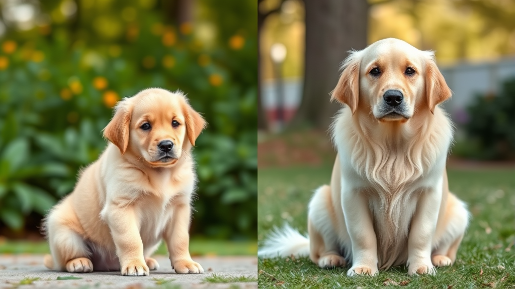Golden retriever puppy and adult dog side by side showing size comparison outdoors no text no words no letters